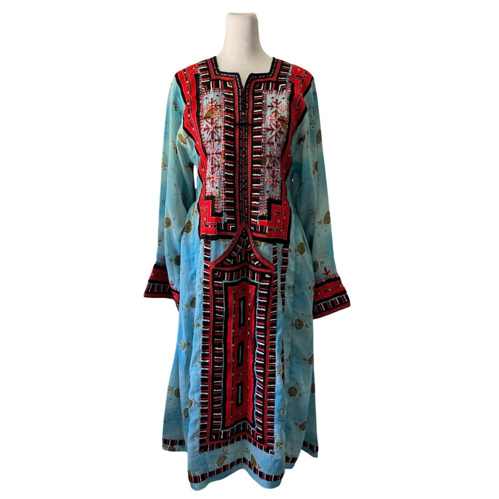 Handmade Balochi Multicolored Embroidered Long Sleeve Lightweight Midi Dress